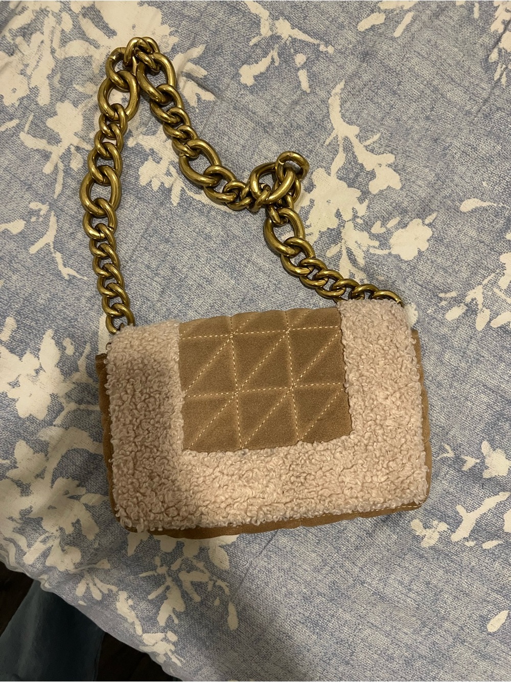 Zara Tan Quilted Shoulder Bag with Shearling Trim and Gold Chain